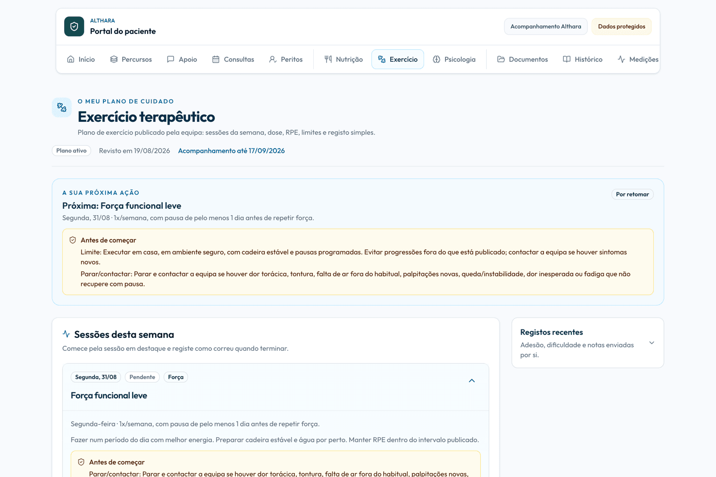 Therapeutic exercise screen of the Althara patient portal showing sessions, safety and logs.