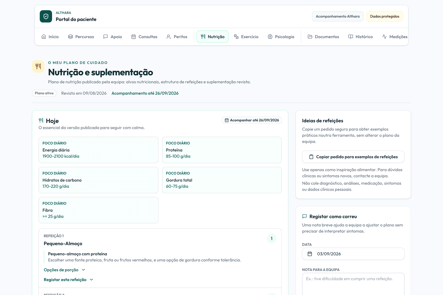 Nutrition and supplementation plan screen of the Althara patient portal.